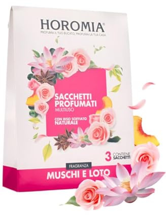 HOROMIA Sacchetti Profumati per Armadio Vestiti e Cassetti - Profumo Intenso e Duraturo fino a 12 Settimane - 3 Sacchetti Muschi e Loto