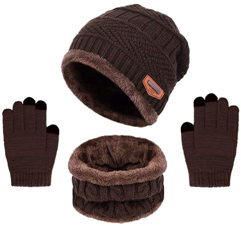Conjunto de Gorro, Bufanda y Guantes para Niños de 3PCs, Gorro de Punto con Forro Polar Cálido Calentador de Cuello Térmico con Guantes de Pantalla Táctil Esenciales de Invierno Para Niños
