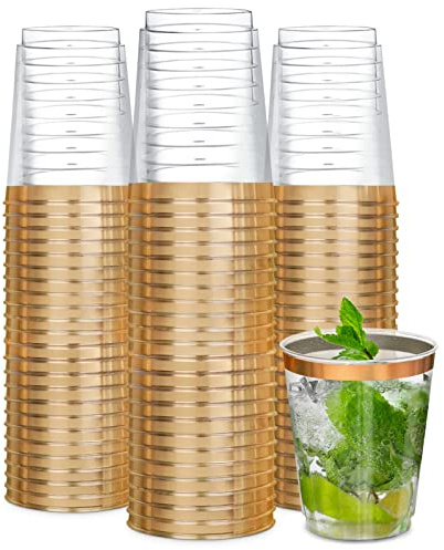 R-kay Gold Plastic Cups, Heavy Duty 10 OZ Disposable cups, Plastic Cocktail Glasses For Party, 50 Pack Disposable Cocktail Glasses (50, Gold)