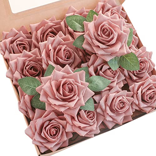 Floroom Artificial Flowers 16pcs 3.5 Real Looking Dusty Rose Foam Fake Hybrid Tea Roses with Stems for DIY Wedding Bouquets Bridal Shower Centerpieces Floral Arrangements Party Tables Home Decoration