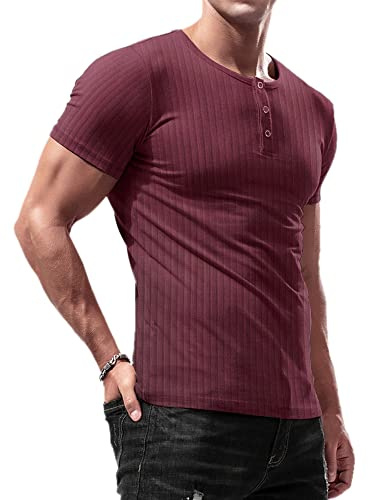Lehmanlin T Shirt Manche Courte,Sport Henley T-Shirts à Manches Courtes,Coton, Coupe Slim Fit (Rouge/M)