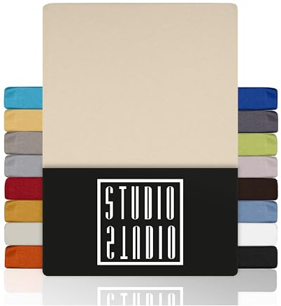 STUDIO Basic Sábana Bajera Ajustable 90x190 cm – con Goma Elástica Jersey 100% Algodón Peinado – Color Crema – Oeko-Tex Standard 100 – para Colchones 15–25 cm, Camas Estándar y Box Spring