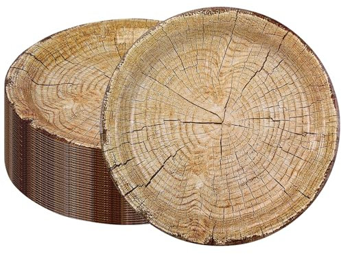 CEILIWEN Platos de fiesta de grano de madera, 50 piezas, platos de papel con efecto de madera rústica de 9 pulgadas, para decoraciones de mesa de fiesta temática del bosque