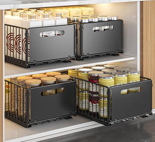 YunNasi Teleskopschublade,Erweiterbar Ausziehbare Schubladen-Aufbewahrungsregale für Küchenschränke,Schubladenregale Herausschieben Kein Bohren und Nageln (schwarz, 4Stück 38D X 25W X 19H CM)