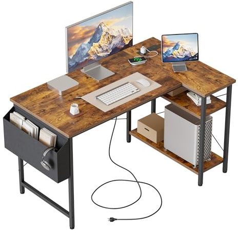 Mericonia Small L Shaped Desk with Power Outlets,100 cm L Computer Corner Desk with Reversible Shelves, Gaming Desks, Study Writing Table for Home Office, Brown