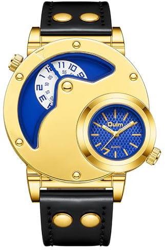 JewelryWe Herrarmbandsur, svart läderband, 2 urtavlor, militärklocka, stor klocka