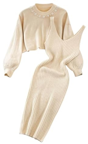 Generisch 2025 Convient aux femmes, robe en tricot, ensemble deux pièces, pull, haut robe, ajusté, ensemble 2 pièces, pull, robe mi-longue, ensemble robe en tricot pour femmes, beige, taille unique
