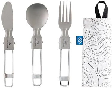 COOK'N'ESCAPE Titan campingbestick 3 delar – vikbart bestickset med kniv, gaffel, sked och bärväska, ultralätt titan resebestick för utomhus, camping, vandring, picknick