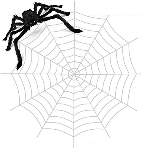 Bosiyrggrl Halloween 12 FT TelarañA Redonda Gigante y Accesorios de ArañA Peludos Falsos Puerta de Patio Aterradora y DecoracióN Exterior con TelarañA EláStica
