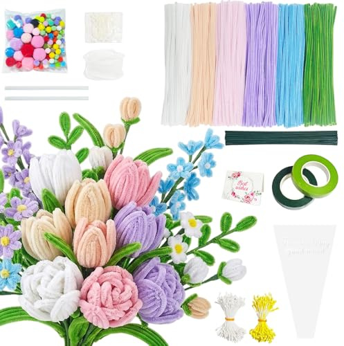 HuaMuDM Pipe Cleaner med blomstjälkar, färgglada piprensare för pyssel, Pipe Cleaner Flowers Kit, konstgjorda grenar DIY, födelsedag, present, mors dag (D)
