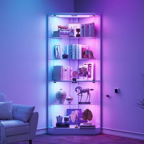 Lvifur Vetrina angolare a 5 strati con sensore umano e ante in vetro, per camera da letto, studio, 175 cm, vetrina in vetro con illuminazione a LED, per vetrina e soggiorno, bianco