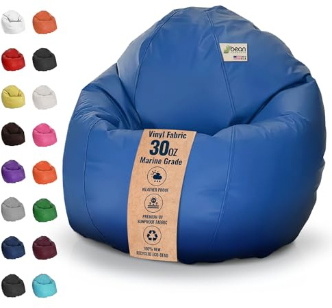 Marine Vinyl Large Bean Bag Chair - Waterproof Bean Bag Lounger for Boats and Pools - w/Polystyrene Beads and CertiPUR Foam Filled Adult Chair for Adults and Teens, 36x 36x 40, Royal Blue, 20lbs