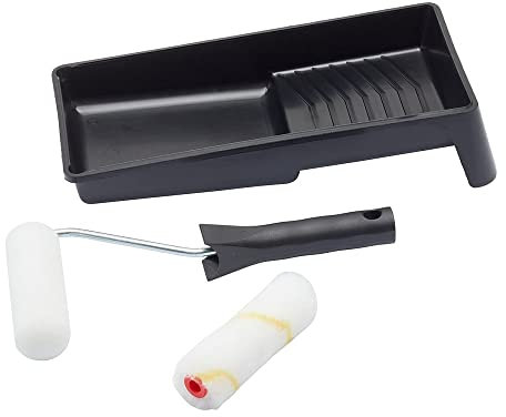 Fit For The Job FRKT003 Juego de mini rodillos de pintura multisuperficie de 4 piezas para pintar con emulsión, brillo, satén, rodillo pequeño y bandeja para pintar