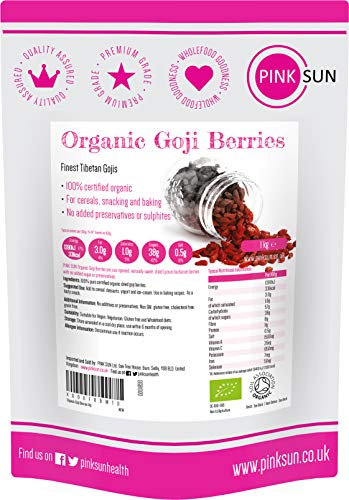 PINK SUN Organic Goji Berries 1kg (or 2kg 3kg) Raw Natural Sun Dried Gluten Free Preservative Free No Added Sugar or Sulphites from Tibetan Plateau Vegetarian Vegan 1000g Bulk Buy Non GMO