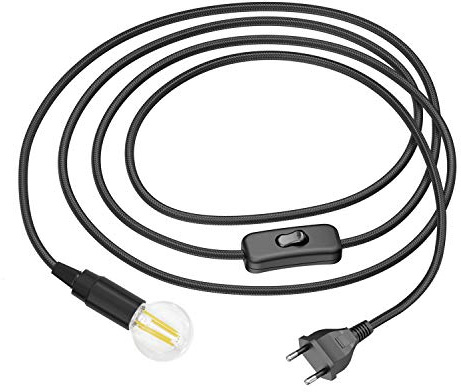 ledscom.de Textilkabel LEHA med stickkontakt och strömbrytare svart 3 m inkl. E14 LED-lampa W, 542lm 3-stegsdimbar, varmvit