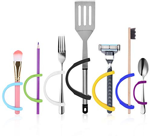 J&Co Greifhilfe für Senioren und Kleinkinder, Hilfsmittel zum besseren Greifen von Gegenständen, Utensilien-Halter aus Silikon im 7er Pack in verschiedene Farben