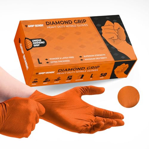 GripSense Nitrilhandschuhe (50er-Pack) Hohe Dichte & Diamant-Textur in Orange – Latex- & Puderfreie Einmalhandschuhe L – Werkstatthandschuhe Extradick & Superstark – Maximale Fingerbeweglichkeit L5