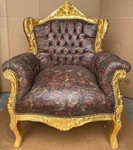 Casa Padrino sillón Barroco Multicolor/Oro - Sillón de salón de Madera Maciza Hecho a Mano con Cuero Artificial - Sillón de salón de Estilo Antiguo - Muebles de salón barrocos