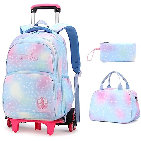 3Pcs Rolling Backpack for Girls Dream Princess Wind Bookbag with Wheels Travel Bag Trolley School Bag with Lunch Box Blue