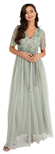 Maya Deluxe Womens Maxi Dress Ladies Ball Gown for Wedding Guest Embellished Tie Waist V Neck Bridesmaid Prom Evening Occasion, Robe Femme, Green Lily,