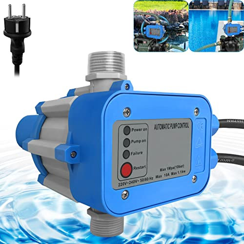 Aufun Druckschalter Elektronische mit Kabel, max.10 bar Pumpensteuerung Druckwächter, Automatische Pumpensteuerung mit Stecker für Hauswasserwerk Gartenbewässerung Tiefbrunnenpumpe, Blau