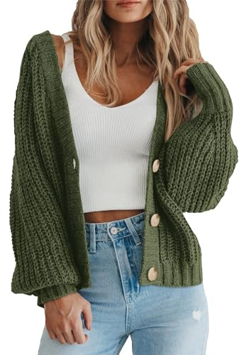 PRETTYGARDEN Women's Chunky Knit Open Front Sweater Long Sleeve Button Loose Short Cardigan Outerwear Coats (Army Green,X-Large)