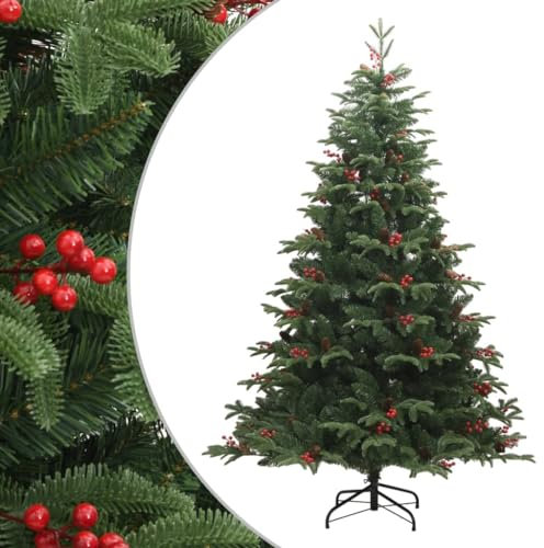 vidaXL Plastgran med kottar och röda bär gångjärn 180 cm, gran, låtsasgran, granar, plastgran, låtsasgranar, plastgranar, juldekoration