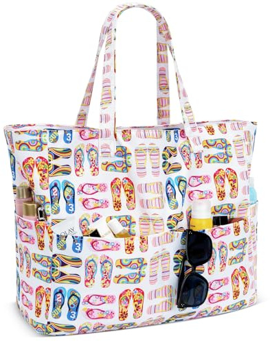Iioscre Beach Bag for Women, Causal Hobo Pool Bags with Zipper Inner Pocket, Foldable Swim Tote Bag for Vacation Essentials Multi