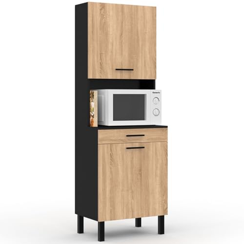 IDMarket - Buffet de Cuisine 60 CM CINA 2 Portes + tiroir Noir et façon hêtre