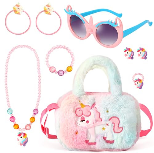 BTHRORO Einhorn Handtasche Geschenk, Unicorn Sonnenbrille Kette Halskette Haargummi Armband Ohrringe Ring für Kleine Mädchen Prinzessin Ankleiden Geburtstag Rollenspiel Geschenk