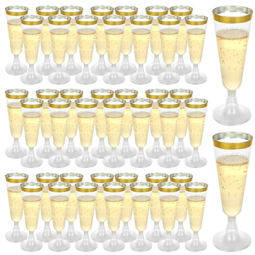 JMIATRY 100 copas de champán de plástico de 160 ml, copas de champán con borde dorado para fiestas, bodas, cumpleaños, pícnic