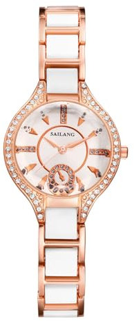 JewelryWe Damenuhr Glitzer Keramik Uhr: Damen Bling Strass Analog Quarz Armbanduhr Frauen Elegant Rosegold Lässige Diamant Uhr mit Weiß Keramikarmband