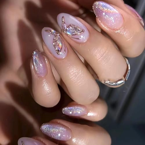 Ceboic 24 Pezzi Unghie Finte Mandorla, Medie Glitterate Lucide Viola Stick sulle Unghie Artificiali con Disegni Farfalla, Copertura Complete Riutilizzabili Press on Nails per Donne Ragazze