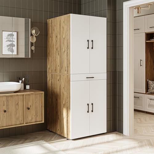 ROOMART Dora Armoire de machine à laver, pour sèche-linge et machine à laver, en 4 couleurs, avec portes et planche coulissante (chêne blanc)