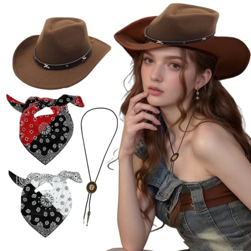 4 cappelli da cowboy occidentale con bandana e ciondolo da cowboy, copricapo per costumi di carnevale, cappelli da cowgirl occidentale per travestimento, costume, carnevale, feste a tema, cosplay