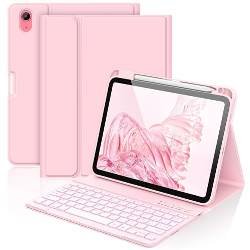 aMZCaSE pour iPad A16 10/11e génération avec Clavier 11/10,9 Pouces(2025/2022),Clavier sans Fil Amovible avec rétroéclairage 7 Couleurs et Support pour Stylet (Rose Clair)