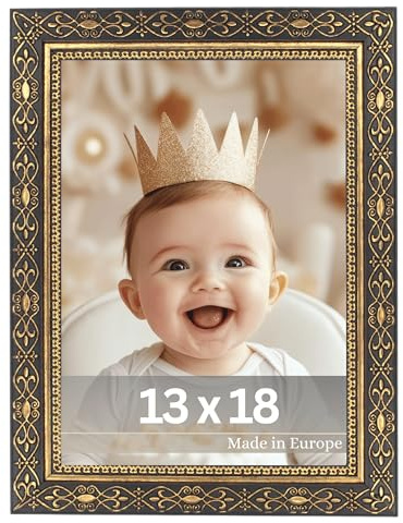 VictoR Vintage bildram svart guld 13 x 18 cm Vermeer – antik barockram med akrylglas – stabil MDF-baksida – för stående och liggande format – A4-bildram svart guld