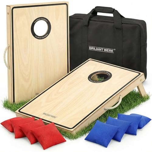 Briliantwerk® Cornhole – Set Complet Officiel en Bois avec 2 Planches, 8 Sacs & Housse | Jeu de Lancer extérieur pour Adultes & Enfants – Idéal Jardin & Plage