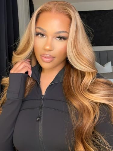UNICE Honey Blonde Highlight Body Wave 7x5 Lace Front Wigs Human Hair Bye Bye Knots Glueless Drawstring Wig Human Hair Pre Plucked Pre Cut Natural Hairline Put on and Go 16 inch
