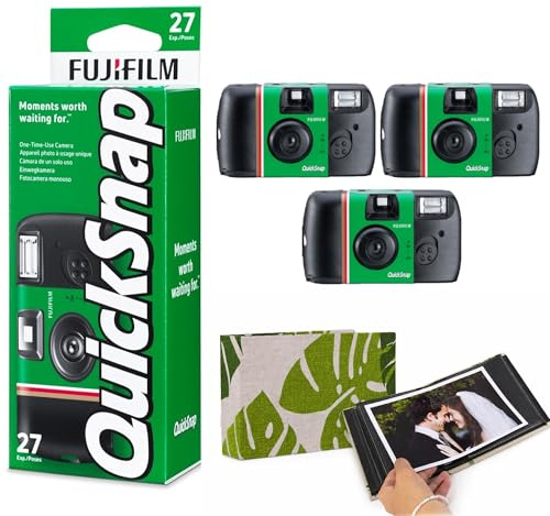 Fujifilm Quicksnap Disposable Camera With Flash 27 Exposures 3 Pack Single Use Camera With Photo Album FUJICOLOR 400 ISO X-TRA Includes Palm Fabric 36 Slot Photo Album