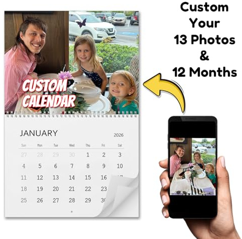 2026 Calendrier Mural Photo Personnalisé - Calendrier Mural Photo Bricolage 2026 - Calendrier Personnalisé - 21 x 28.5 cm - Cadeau Personnalisé pour Anniversaires Fêtes Mariages et Noël