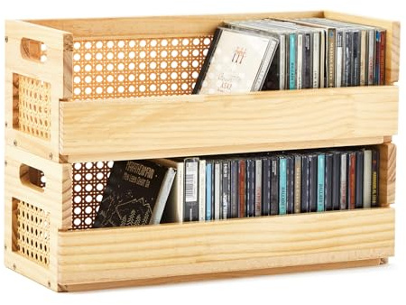 CroBlissful 2 Set Wooden CD Storage Box Holder Shelf with Carrying Handles, Rattan Design Cassette Tape Display Racks Organizer Shelf for Movie Cases, DVDs, Each Set Can Store up to 36 Pcs CDs