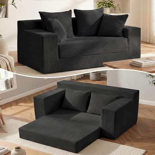 AOLVDOW Convertible Sofa Bed, 5 in 1 Small Boneless Couch Pull Out Loveseat Sleeper Sofa,Corduroy Futon Couch Folding Mattress with 4 Pillows for Living Room Bedroom Lounge (No Assembly)