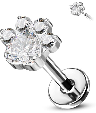 CM Crareesi Mania Titanium Helix Stud Paw Conch Tragus Piercing Jewellery 16G 8mm Forward Labret Lip Stud Heart Clear CZ Flat Back Cartilage Earrings Piercing Jewelry for Women Men