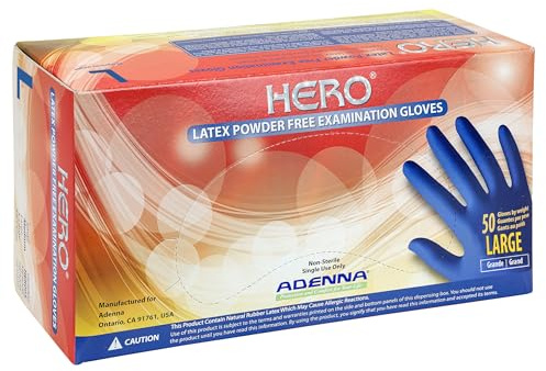 Adenna HERO Disposable Latex Gloves - 14 Mil, NFPA-Approved Heavy Duty Glove with 12 Extended Cuff & Micro-Textured Grip, Exam Grade, Powder Free, Pack of 50, Large, Blue