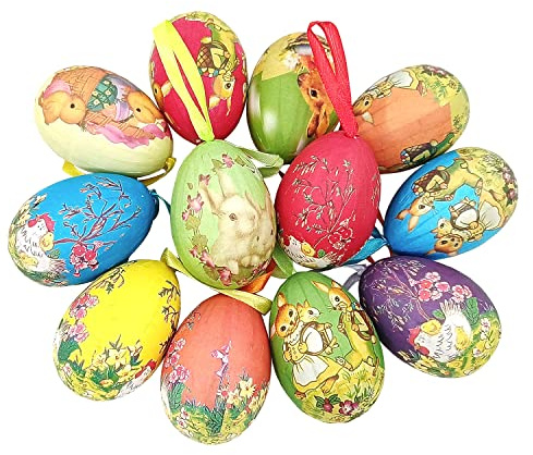 12pcs Vintage Style Paper Mache Foam Egg Hanging Ornaments Easter Decoration