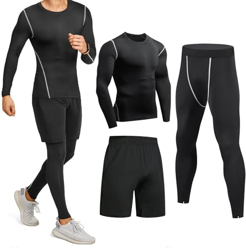 Niksa Ensemble Compression Homme Tenue Sport Fitness Vêtement Running Tee Shirt Compression Legging Sport Short Running, Noir, Taille L