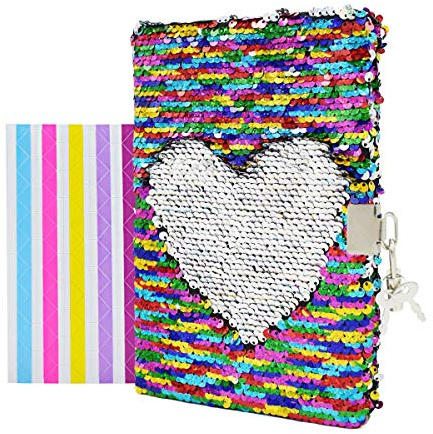 VIPbuy - Diario di viaggio reversibile con lustrini, con lucchetto e chiave, con angoli per foto, formato A5 (215 x 140 mm), 156 pagine, colore: da arcobaleno a argento (Colorato)