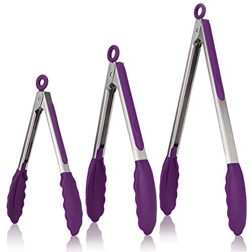 U-Taste Set di 3 Pinze Cucina, Pinze da Cucina in Acciaio Inossidabile 18cm, 23cm e 30cm con Spazzole in Silicone Antiaderente e Resistente al Calore 250°C per Uso Alimentare.(Viola)