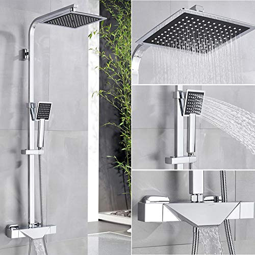 Wieoc Chrome Shower Faucet Thermostatic Bathroom Shower Mixer Tap Rainfall 8 inch Shower Set Thermostat Bath Shower Tap Black Faucet